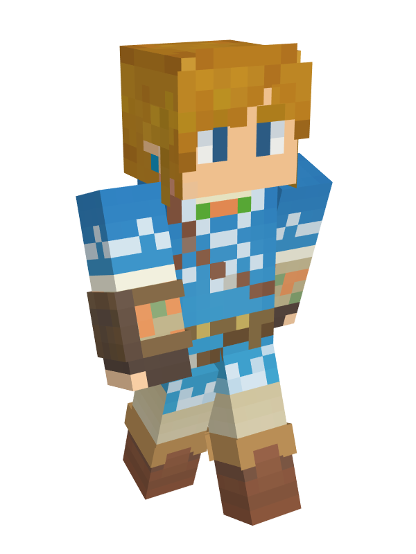 A 3D render of Wretched_Brat's Minecraft skin, facing slightly to the right of the camera. It's a Minecraft skin recreation of the character "Link" from "The Legend of Zelda: Breath of the Wild" in his blue tunic.